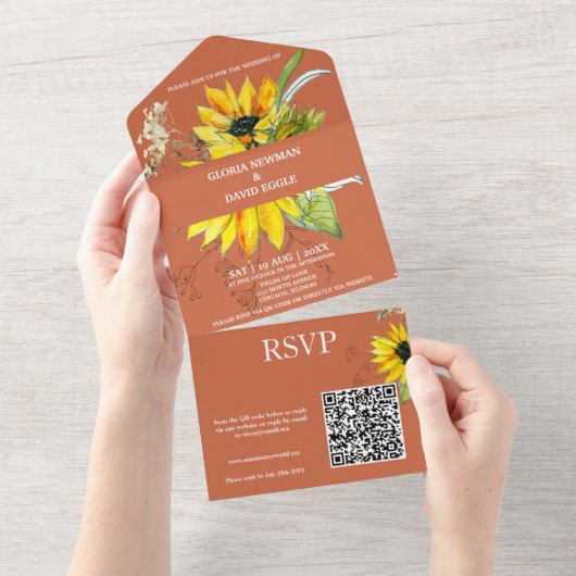 Terracotta Sunflower QR-code in één uitnodiging (Afscheurbaar)