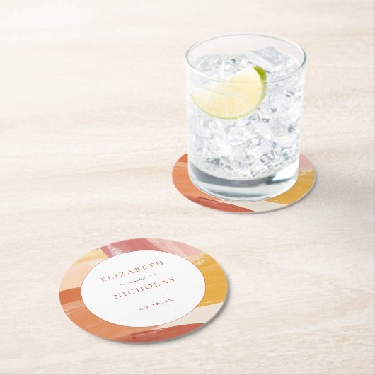 Terracotta Sunrise | Monogram bruiloft Ronde Kartonnen Onderzetter (Insitu)