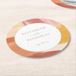 Terracotta Sunrise | Monogram Huwelijk Ronde Kartonnen Onderzetter