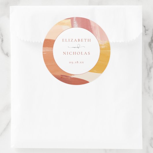 Terracotta Sunrise | Monogram Huwelijk Ronde Sticker (Tas)