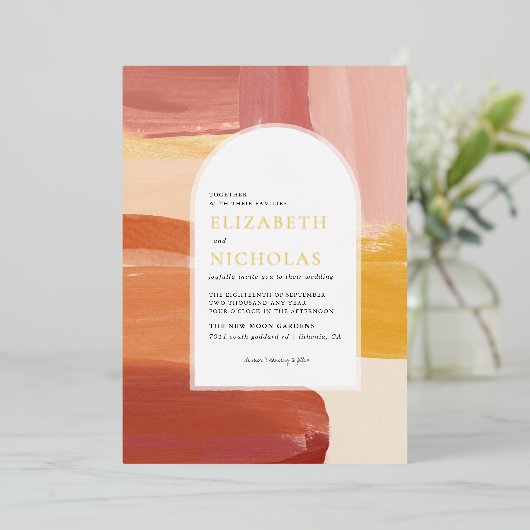 Terracotta Sunrise | Uitnodiging tot weduwschap va (Staand Voorkant)