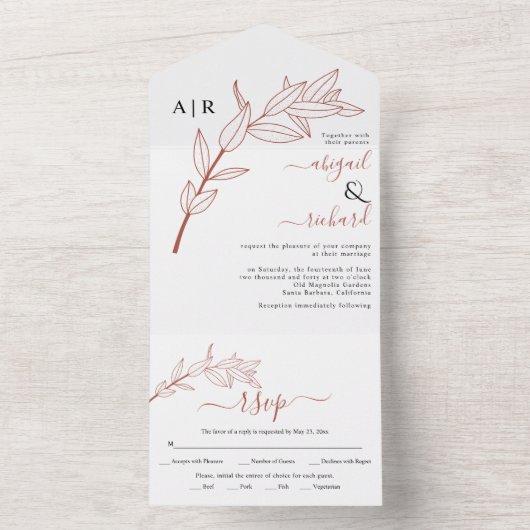 Terracotta tak met bladeren vallen bruiloft all in one uitnodiging (Binnen)