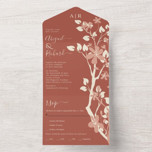 Terracotta tak met initialen bloemen bruiloft all in one uitnodiging (Binnen)