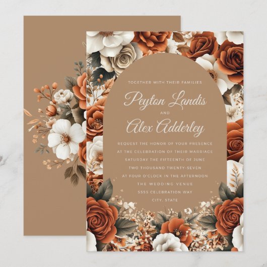 Terracotta Taupe Bloemenboog bruiloft Kaart (Voorkant / Achterkant)