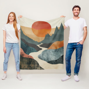 Terracotta Teal Berglandschap Zonsondergang Rivier Fleece Deken