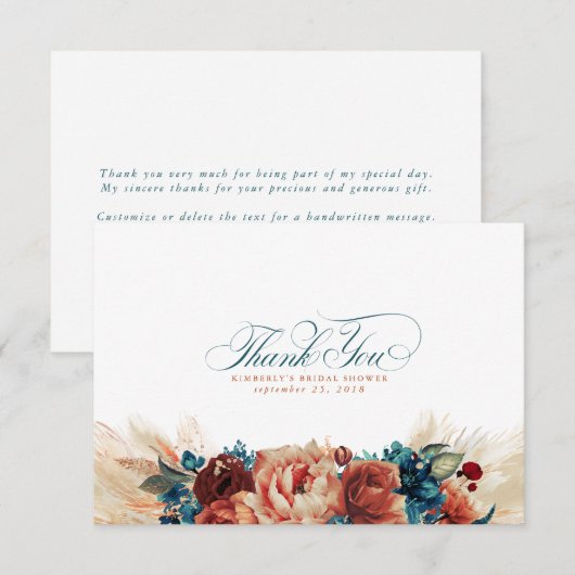 Terracotta Teal Blauwe Bloem Boho Kleine Dank Je Bedankkaart (Voorkant / Achterkant)