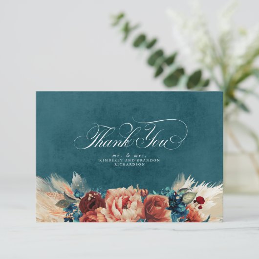 Terracotta Teal Bloem Boho Bruiloft Dank Je Bedankkaart (Staand voorkant)