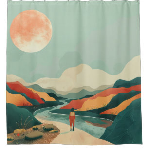 Terracotta Teal Boho Rivier Berg Reis Douchegordijn