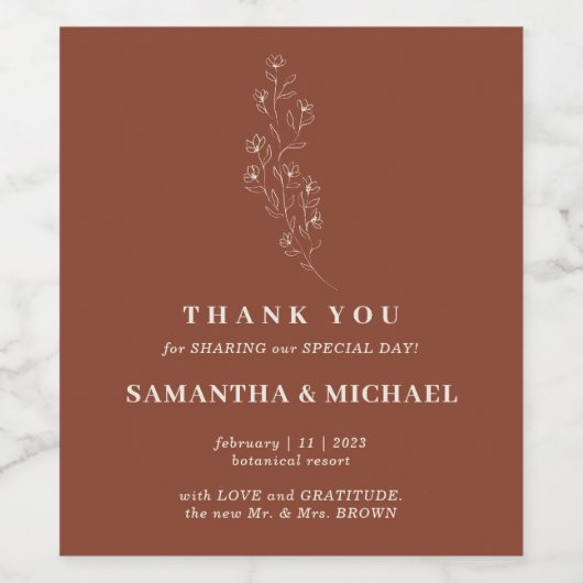 Terracotta Tiny Flower Elegant Dank je bruiloft Wijn Etiket (Enkel label)