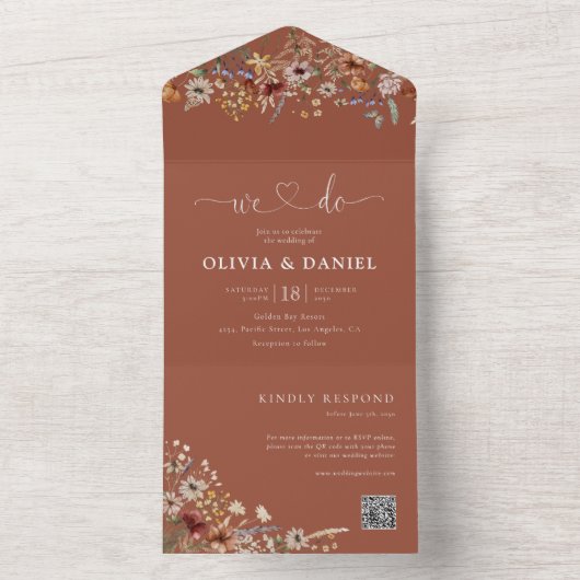 Terracotta Tiny Wildflower bruiloft All In One Uitnodiging (Binnen)