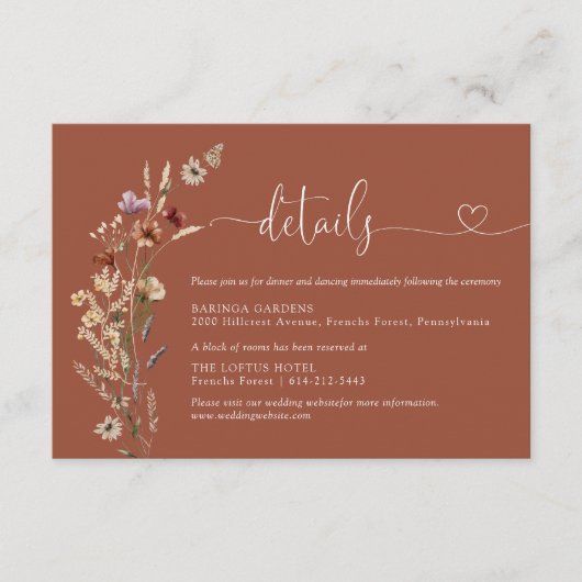 Terracotta Tiny Wildflower bruiloft details Informatiekaartje (Voorkant)