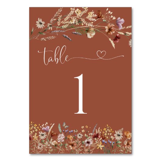 Terracotta Tiny Wildflower Trouwtafel nummer Kaart (Voorkant)