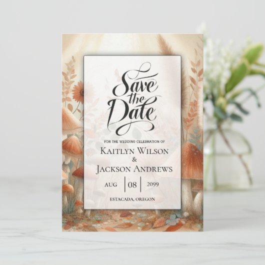 Terracotta Toadstool Woodland Magic Wedding Save The Date (Staand voorkant)