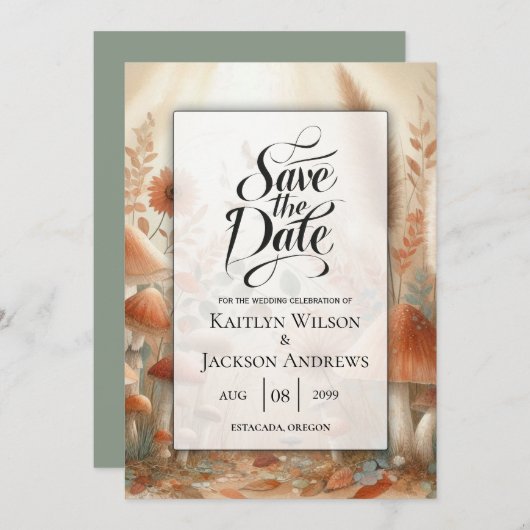 Terracotta Toadstool Woodland Magic Wedding Save The Date (Voorkant / Achterkant)