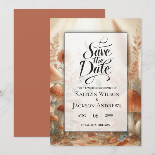 Terracotta Toadstool Woodland Magic Wedding Save The Date (Voorkant / Achterkant)