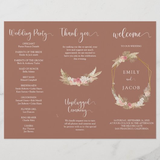 Terracotta Tri-fold bloemenbruiloft programma Flye Flyer (Voorkant)