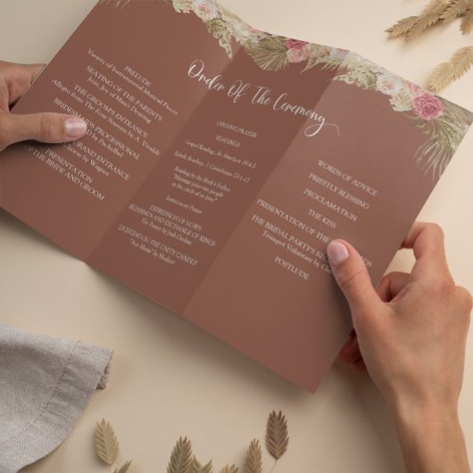 Terracotta Tri-fold bloemenbruiloft programma Flye Flyer