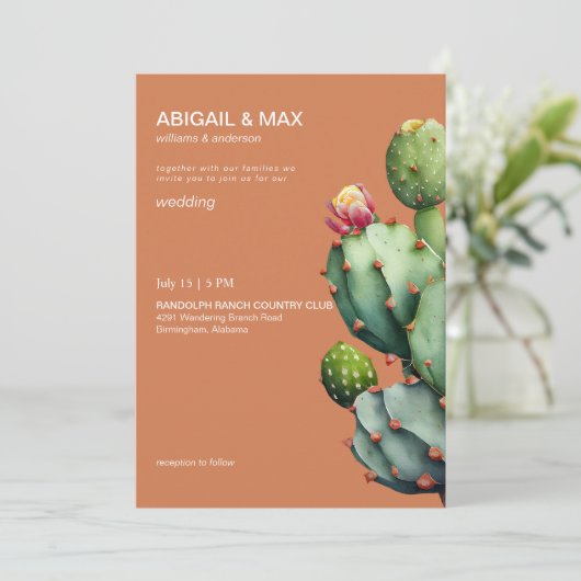 Terracotta Tropische Cactus Moderne Bruiloft Kaart (Staand voorkant)