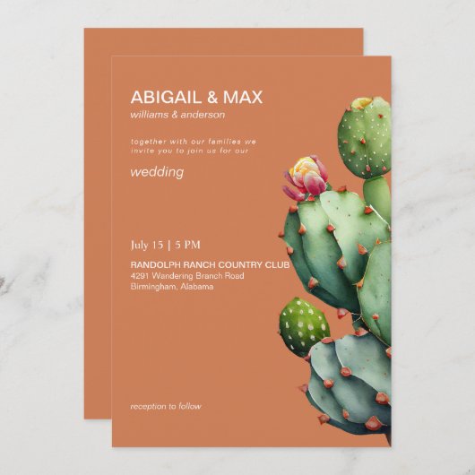 Terracotta Tropische Cactus Moderne Bruiloft Kaart (Voorkant / Achterkant)