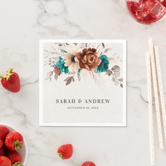 Terracotta turquoise pampas gras rustieke bruiloft servet (Insitu)