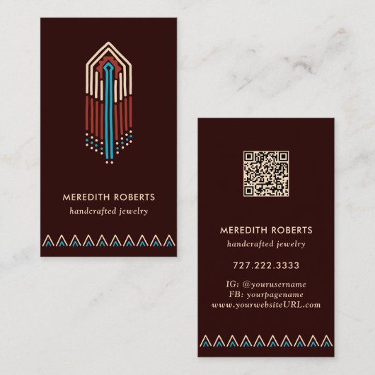 Terracotta Turquoise Tribal Design QR-code Visitekaartje (Voorkant / Achterkant)
