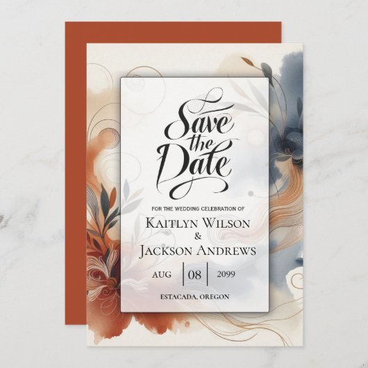  Terracotta Twilight and Navy Blooms Save the Date (Voorkant / Achterkant)