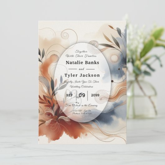 Terracotta Twilight and Navy Blooms Wedding Kaart (Staand voorkant)