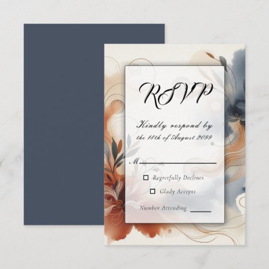  Terracotta Twilight and Navy Blooms Wedding RSVP Kaartje (Voorkant / Achterkant)