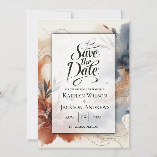 Terracotta Twilight en Navy Blooms Bewaar de Datum Save The Date (Voorkant)