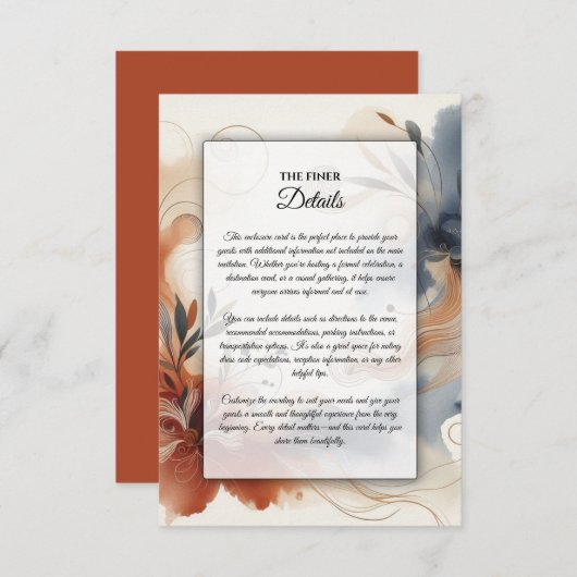 Terracotta Twilight en Navy Blooms Wedding Informatiekaartje (Voorkant / Achterkant)