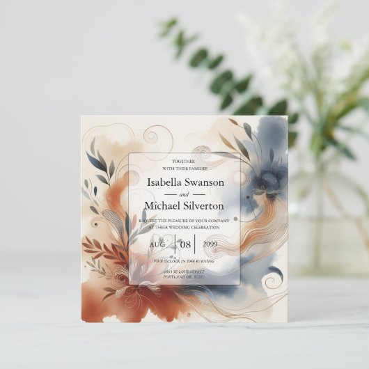 Terracotta Twilight en Navy Blooms Wedding Kaart (Staand voorkant)