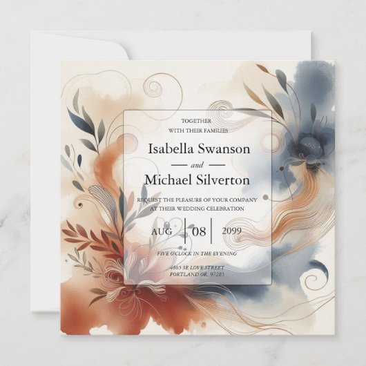 Terracotta Twilight en Navy Blooms Wedding Kaart (Voorkant)