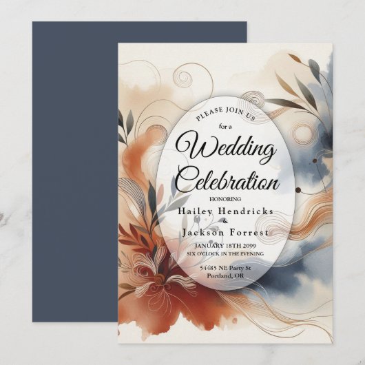 Terracotta Twilight en Navy Blooms Wedding Kaart (Voorkant / Achterkant)