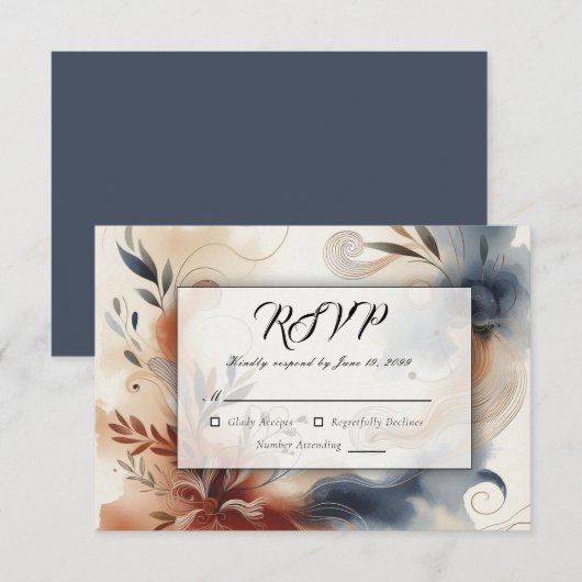 Terracotta Twilight en Navy Blooms Wedding RSVP Kaartje (Voorkant / Achterkant)