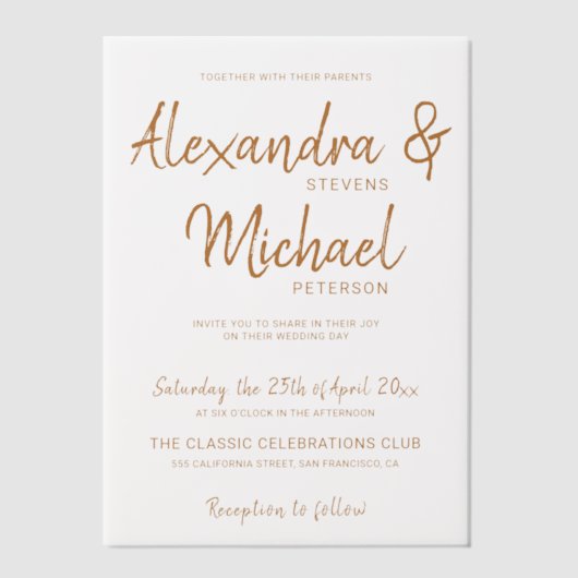 Terracotta typografie script bruiloft overlay vellum uitnodigingen (Voorkant)