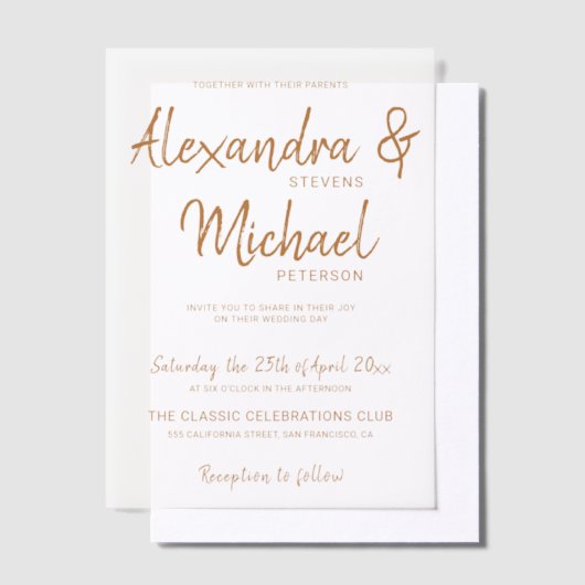 Terracotta typografie script bruiloft overlay vellum uitnodigingen (Offset)