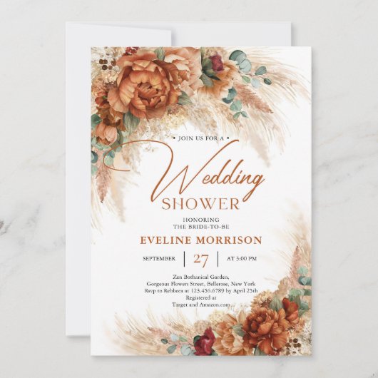 Terracotta verbrand oranje pampas-palmbruiloft kaart (Voorkant)