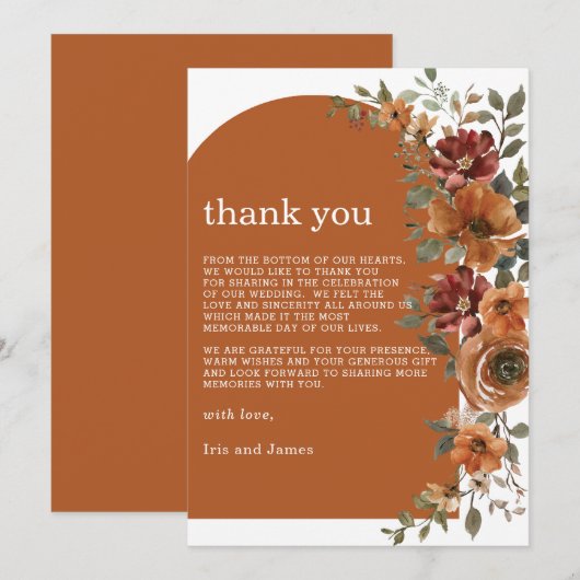 Terracotta Verbrand Sinaasappel Roest Bloemen Fall Bedankkaart (Voorkant / Achterkant)