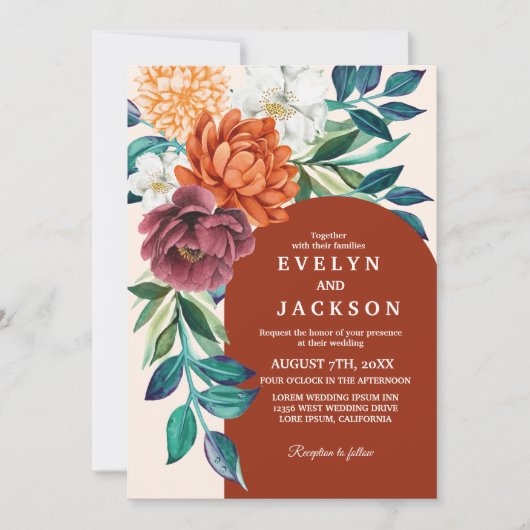 Terracotta verbrande sinaasappel bloemenherfst bru kaart (Voorkant)