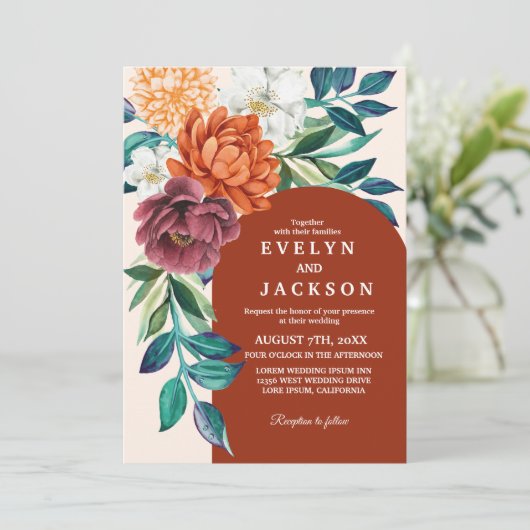 Terracotta verbrande sinaasappel bloemenherfst bru kaart (Staand voorkant)