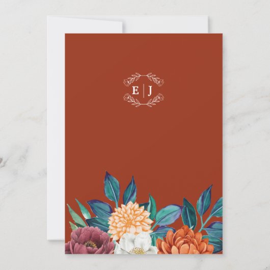 Terracotta verbrande sinaasappel bloemenherfst bru kaart (Achterkant)