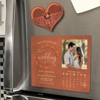 Terracotta verlaat foto en kalender Bewaar de datu Magnetische Uitnodiging