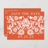 Terracotta Victoriaans Bloemen Damask Save the Dat Aankondigingskaart (Voorkant / Achterkant)