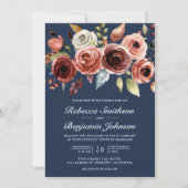 Terracotta Watercolor Bloemen Navy QR Code Trouwen Kaart (Voorkant)