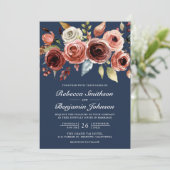Terracotta Watercolor Bloemen Navy QR Code Trouwen Kaart (Staand voorkant)