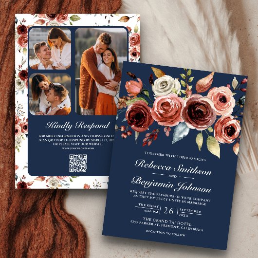 Terracotta Watercolor Bloemen Navy QR Code Trouwen Kaart