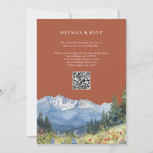 Terracotta Watercolor Mountain QR Code Wedding Kaart (Achterkant)