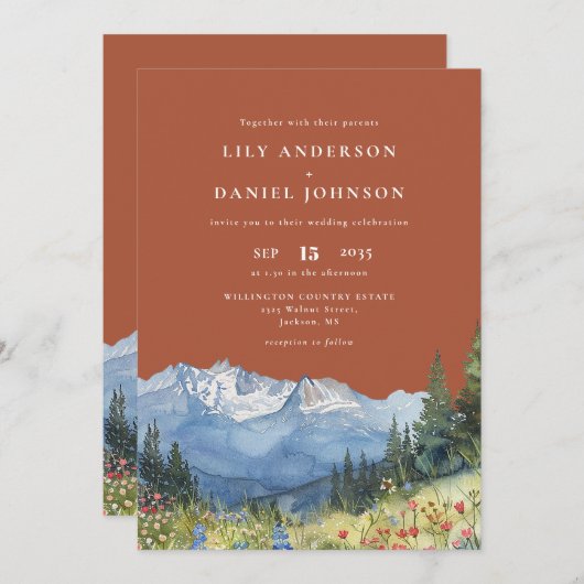 Terracotta Watercolor Mountain QR Code Wedding Kaart (Voorkant / Achterkant)