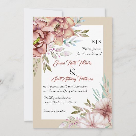 Terracotta waterverf bloemen florale beige bruilof kaart (Voorkant)