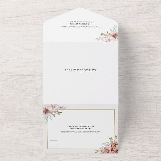 Terracotta waterverf bloemen goudval all in one uitnodiging (Buitenkant)